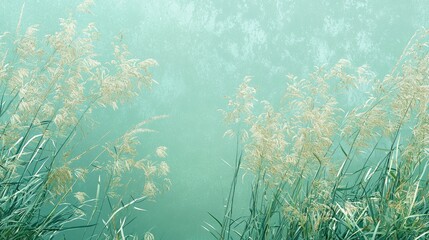 Serene landscape featuring tall grasses swaying gently by a tranquil water body, reflecting soft hues