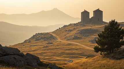 Scenic view of two ancient stone towers on a hillside during sunset with mountains in background