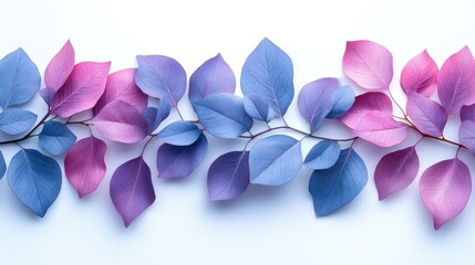 Colorful arrangement of pink and blue leaves on a white background, ideal for nature-themed designs