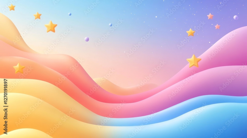 Poster pastel dreamscape: soft gradient waves with floating stars and spheres
