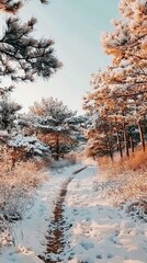 Serene winter landscape with snow-covered trees lining a peaceful forest path at sunset