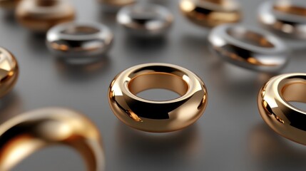 Elegant Gold and Silver Metallic Rings on a Reflective Surface