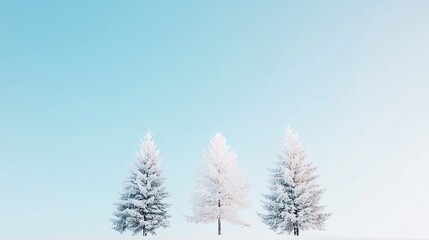 Snow-covered trees stand against a clear blue sky, creating a serene winter landscape