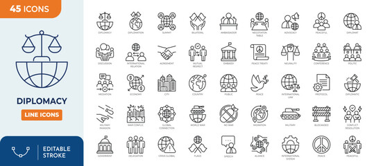Diplomacy icon set. Containing ambassador, negotiation, embassy, diplomat, foreign policy, consulate, international relations, and more. Outline Icon Collection. Vector illustration. Editable stroke