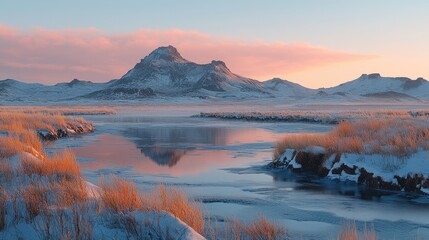 Serene winter landscape with a mountain reflecting in a tranquil river at sunrise