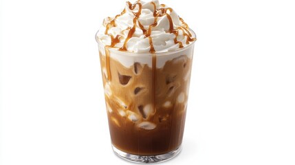 A tempting iced coffee refreshment, topped with thick cream and cascading caramel syrup.