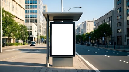 Vertical blank white billboard at bus stop on city street. In the background buildings and road. Mock up. Poster on street next to roadway.,space,urban