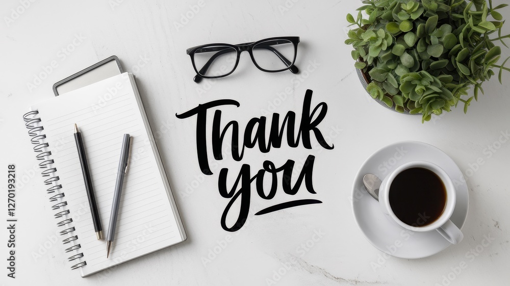 Poster thank you message with desk objects on a white surface