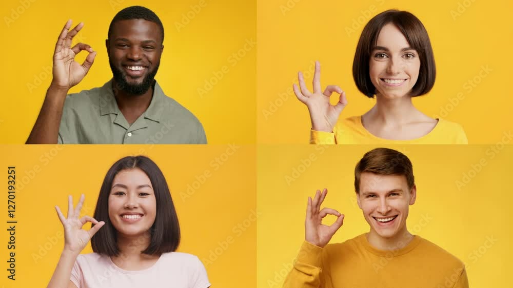 Poster four people of different genders smile while using the okay hand gesture. the bright yellow backdrop