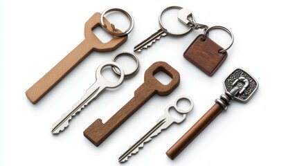 A collection of unique keychains, showcasing various designs and materials.  Wooden keys and metal accents add a touch of rustic charm.