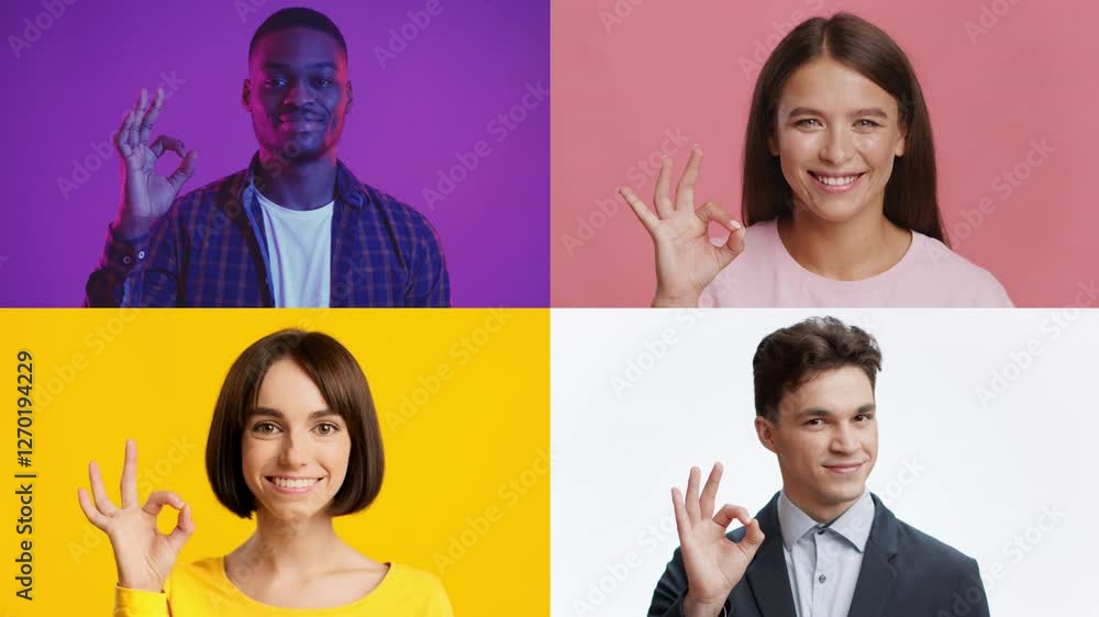 Poster Four individuals from different backgrounds are showing the okay gesture with smiles. Each person is set against a vibrant color background, representing unity in diversity and positive expression.