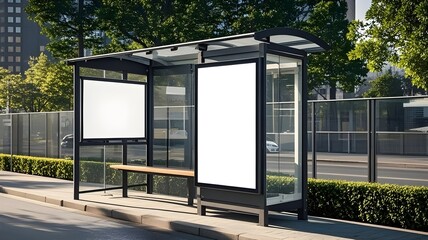 Plain white poster mounted on glass billboard at modern style bus stop,board,bus