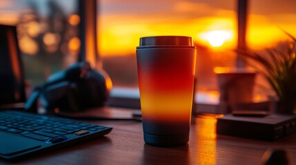 Sunset Glow Illuminates Travel Mug On Desk