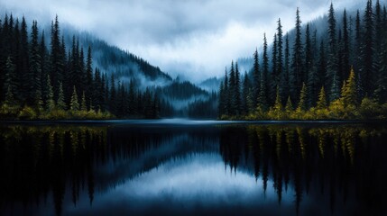 Fototapeta premium A serene lake surrounded by towering pine trees under a moody sky, reflecting the tranquil landscape in dark waters.