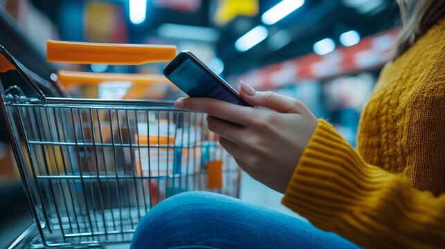 Futuristic online shopping technology with digital payment transaction from mobile phone featuring secure cashless e-commerce, virtual banking interface, and contactless payment innovation in a high-t - Powered by Adobe