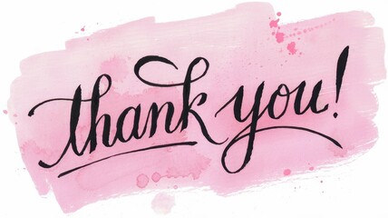 Handwritten thank you message with pink watercolor background splash
