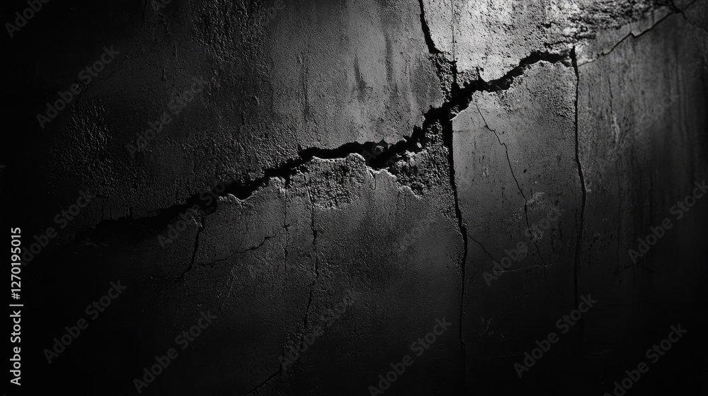 Poster A close-up of a cracked cement wall with deep fractures and rough texture, creating an aged and weathered background. Subtle shadows enhance the rugged appearance.
