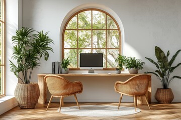Modern home office with minimalist wooden furniture, computer desk, plants, and open screen room door leading to another space. White wall for mockup or design display.