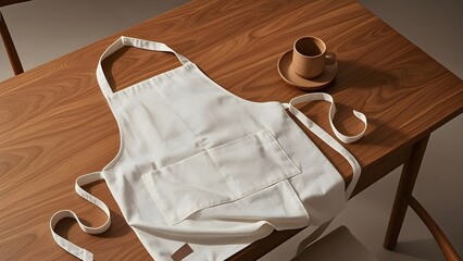 Top view of a plain white apron lying on a wooden table