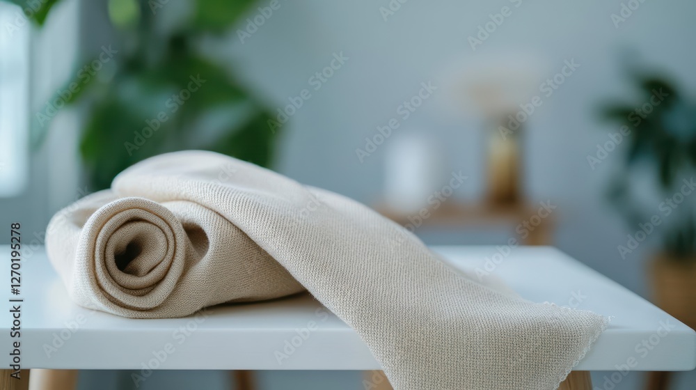 Poster elegant white table draped with soft white cloth in a minimalist setting evoking calm serenity and t