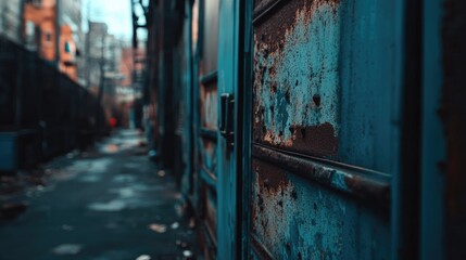A close-up of a rusted metal building side with a faded and weathered texture.