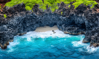 Obraz premium Dramatic aerial view of hidden cove, turquoise ocean waves crashing against volcanic rock cliffs, lush green vegetation.
