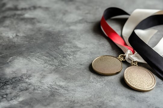 Golden medals rest prominently on a textured surface, adorned with a black, red, and white ribbon, symbolizing victory in a competition or sporting event