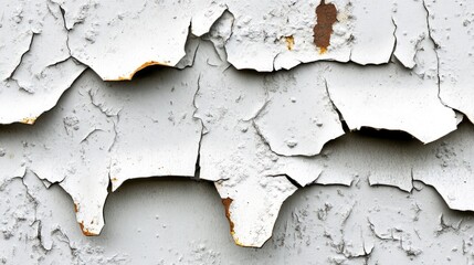 A corroded metal sheet with an intricate rust pattern and peeling paint, creating a rough, aged texture.