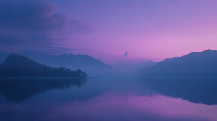 Obraz premium Moonlit lake, misty mountains, twilight serenity, peaceful landscape, travel poster