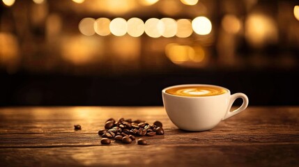 Obraz premium A dark-roasted coffee cup on a rustic wooden surface with a softly blurred caf background.