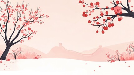 Serene Blossom Landscape with the Great Wall of China in Soft Tones