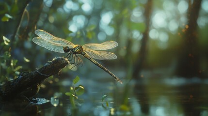 Naklejka premium A delicate dragonfly, with translucent wings, rests on a branch above a serene pond. The soft light creates a magical atmosphere.