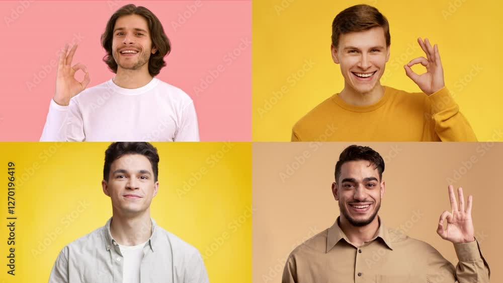 Poster Four men from different backgrounds smile while showing the okay gesture. Each is set against a vibrant, colorful backdrop, representing diversity and unity in lifestyle.