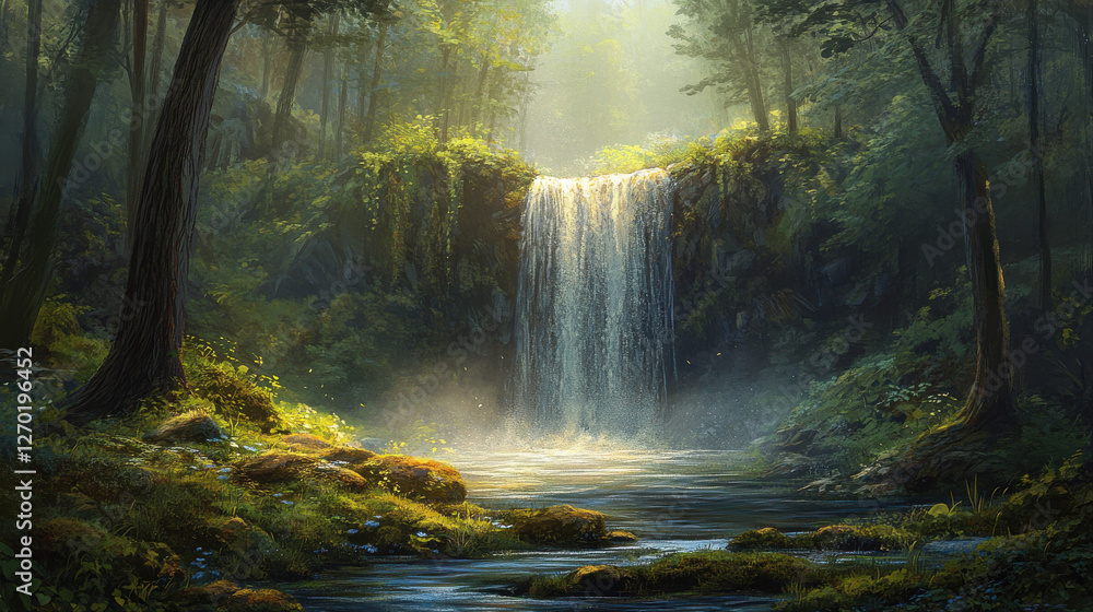 Poster hidden waterfall cascading into serene, mossy bank surrounded by lush greenery. sunlight filters thr