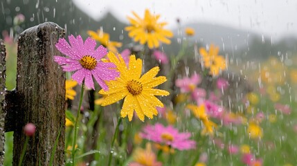 Obraz premium Yellow and pink wildflowers grow next to an old wooden fence during a summer rain shower.