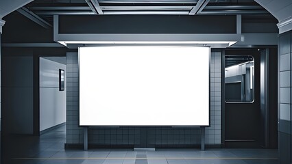 Large blank white horizontal poster in public place. billboard in subway station hallway,design,gallery