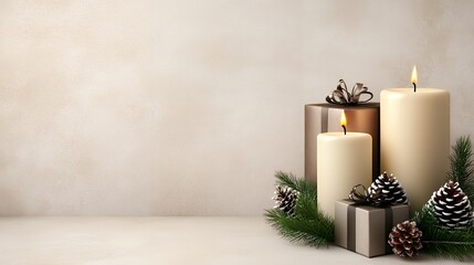 Warm Beige Candles and Gifts with Pine Cones Festive Winter Holiday Still Life