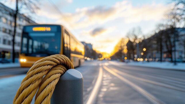 Thick rope wrapped around a pole, blurred yellow bus and street at sunset.