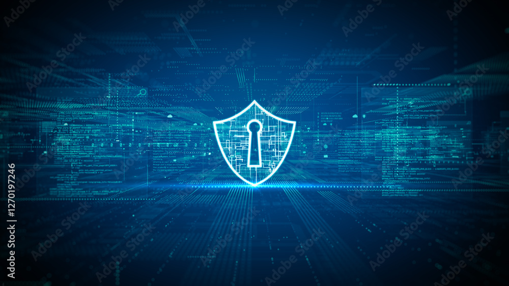 Poster futuristic digital background featuring a glowing shield with a keyhole, representing cybersecurity,