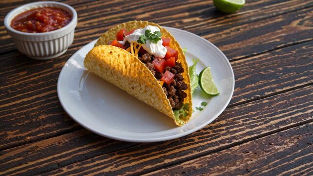 A close-up video still of a taco on a rustic wooden table, shot from a side angle, showcasing vibrant ingredients and a small salsa bowl.