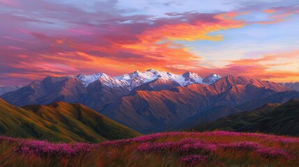 A vibrant mountain landscape at sunset, featuring snow-capped peaks and a field of blooming flowers under a colorful sky.
