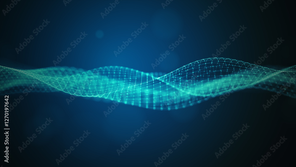 Aufkleber Digital wave big data flow, Technology data network connected with the dots, Technology blockchain connection ideas for futuristic, 3d rendering