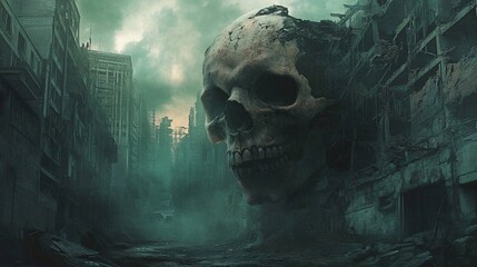 Post-Apocalyptic Cityscape: A Giant Skull Looms Over Desolate Ruins
