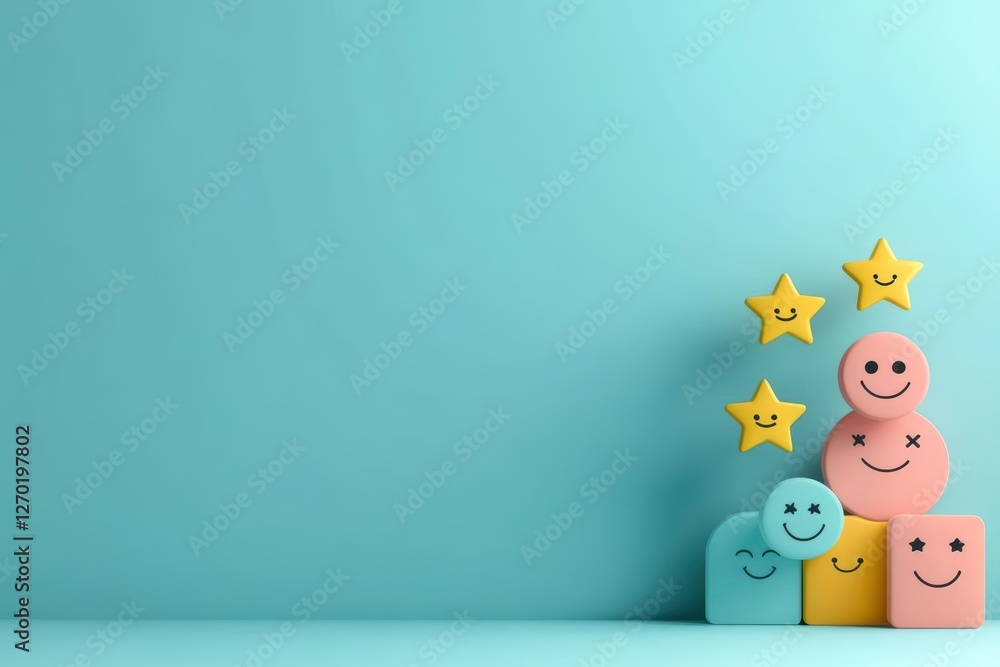 Poster Three Colorful Blocks with Smiling Faces Surrounded by Shining Stars Creating a Joyful Playful Atmosphere for Children and Family Fun Activities