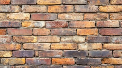Obraz premium A historic brick wall with faded red and brown hues, slight erosion, and deep grooves in the mortar.