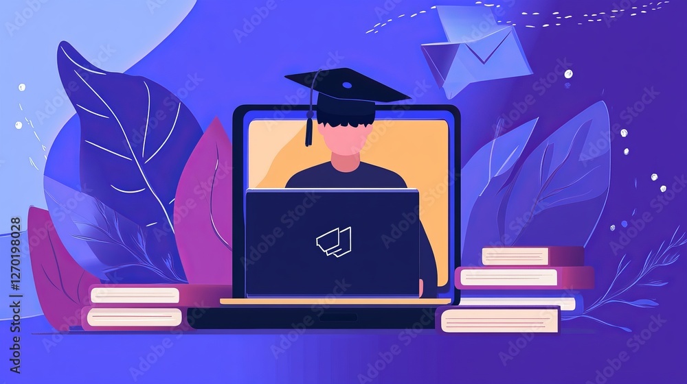 Poster modern online learning concept with student using laptop for e-learning, virtual classes, and digita