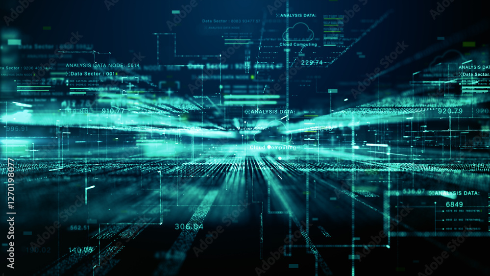 Aufkleber Cloud computing and digital data network with futuristic cyber technology elements, glowing lines, and numeric codes, representing big data, AI, and cybersecurity concepts. 3d rendering