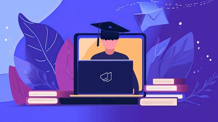 Modern online learning concept with student using laptop for e-learning, virtual classes, and digital education in a connected technology network environment for remote study, training, and knowledge 