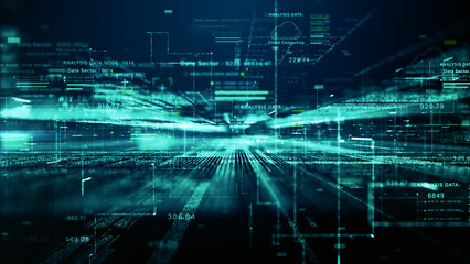 Cloud computing and digital data network with futuristic cyber technology elements, glowing lines, and numeric codes, representing big data, AI, and cybersecurity concepts. 3d rendering