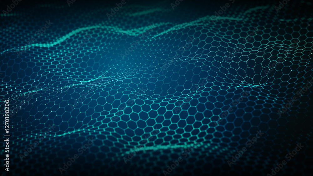 Aufkleber Abstract futuristic hexagonal grid with glowing wave patterns, representing technology, AI, big data, and cyber network visualization. 3d rendering